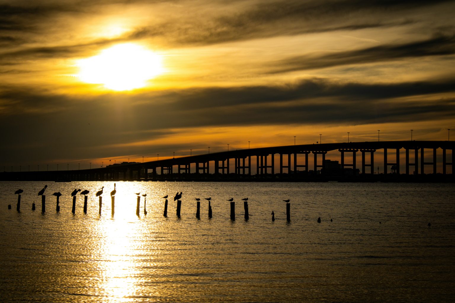 Ocean Springs bridge at sunset over the Mississippi Sound